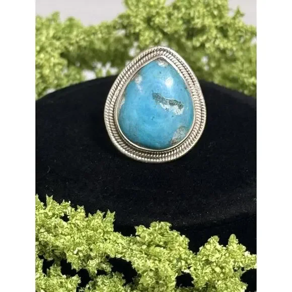 Sterling Silver Native American Pear Chunky Turquoise Ring Size 8 #895 - Picture 3 of 7